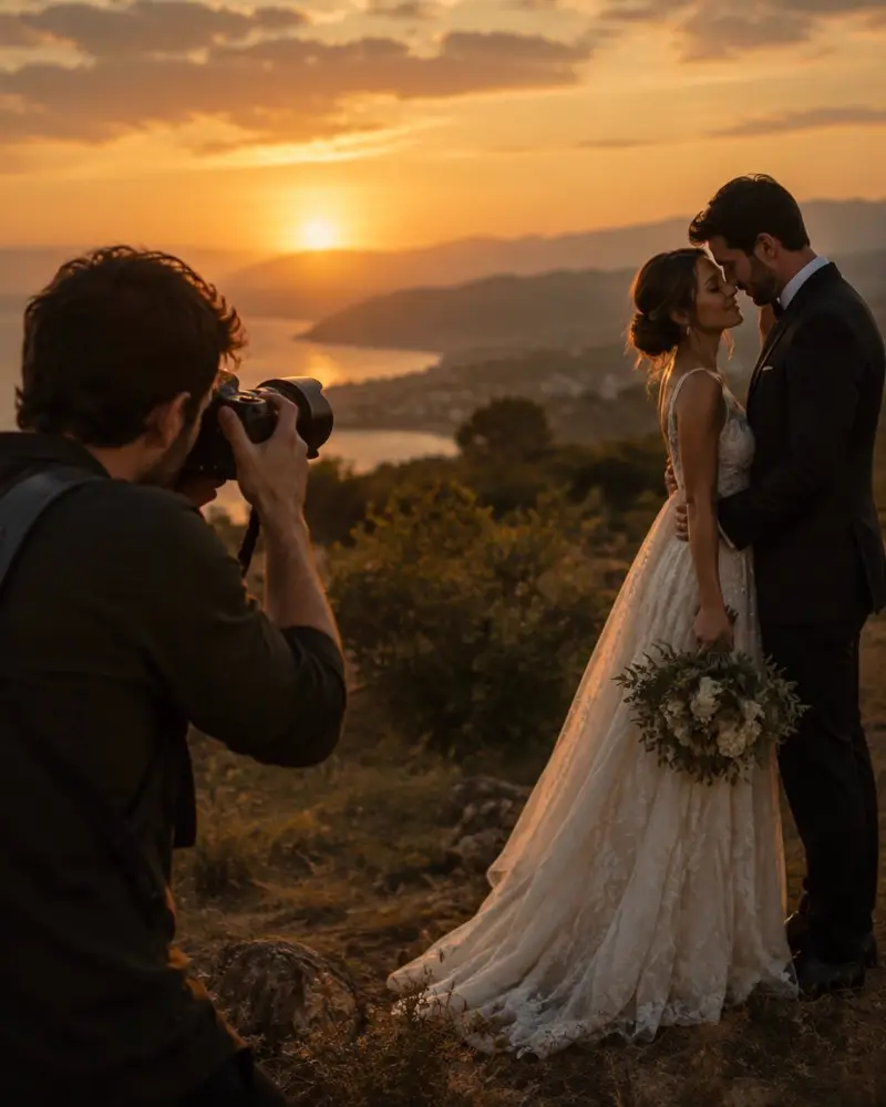 Photographer shooting a bride and groom outdoors at golden hour
